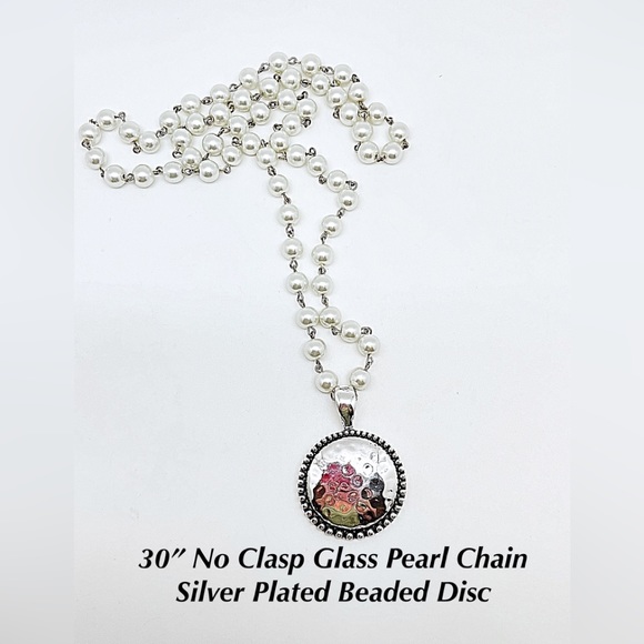 Pearl & Silver Disc Necklace & Earring Set, 30” No Clasp Glass Pearl Chain, NWT - Picture 4 of 6